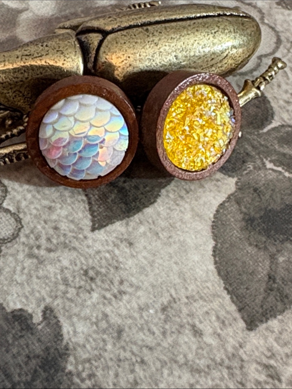 Mismatched Yellow and Iridescent Wood Inlay Earrings - Women Jewelry
